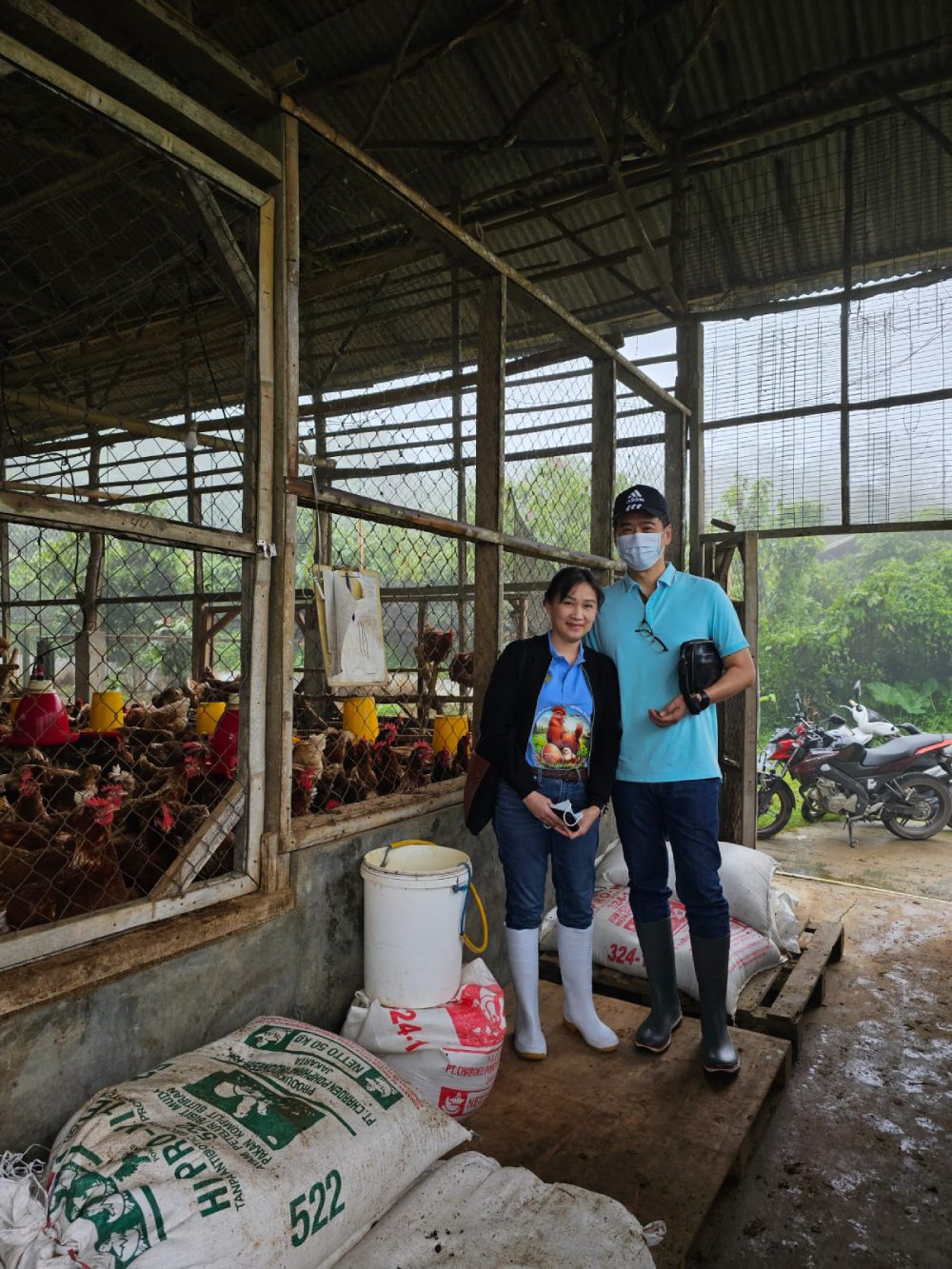 Dua orang di peternakan ayam dengan kandang dan karung pakan di sekitar.